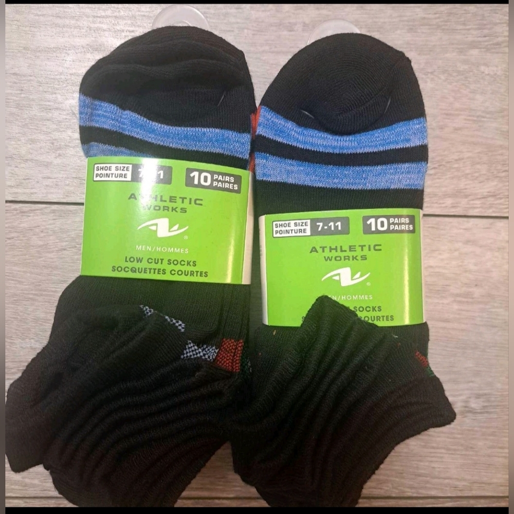 2 Brand New Packs Of Athletic Works 10 Pair Men's Low Cut Socks - Black and Blue